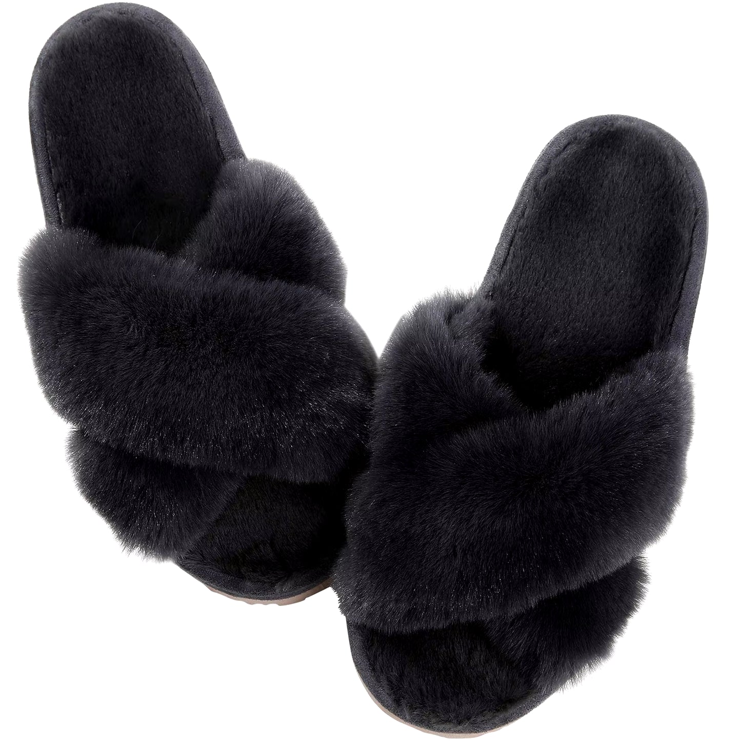"Comwarm Women's Cross-Band Fuzzy Slippers: Fluffy open-toe house slippers made of cozy plush material. Ideal for indoor and outdoor use as comfortable bedroom shoes or fur sandals."