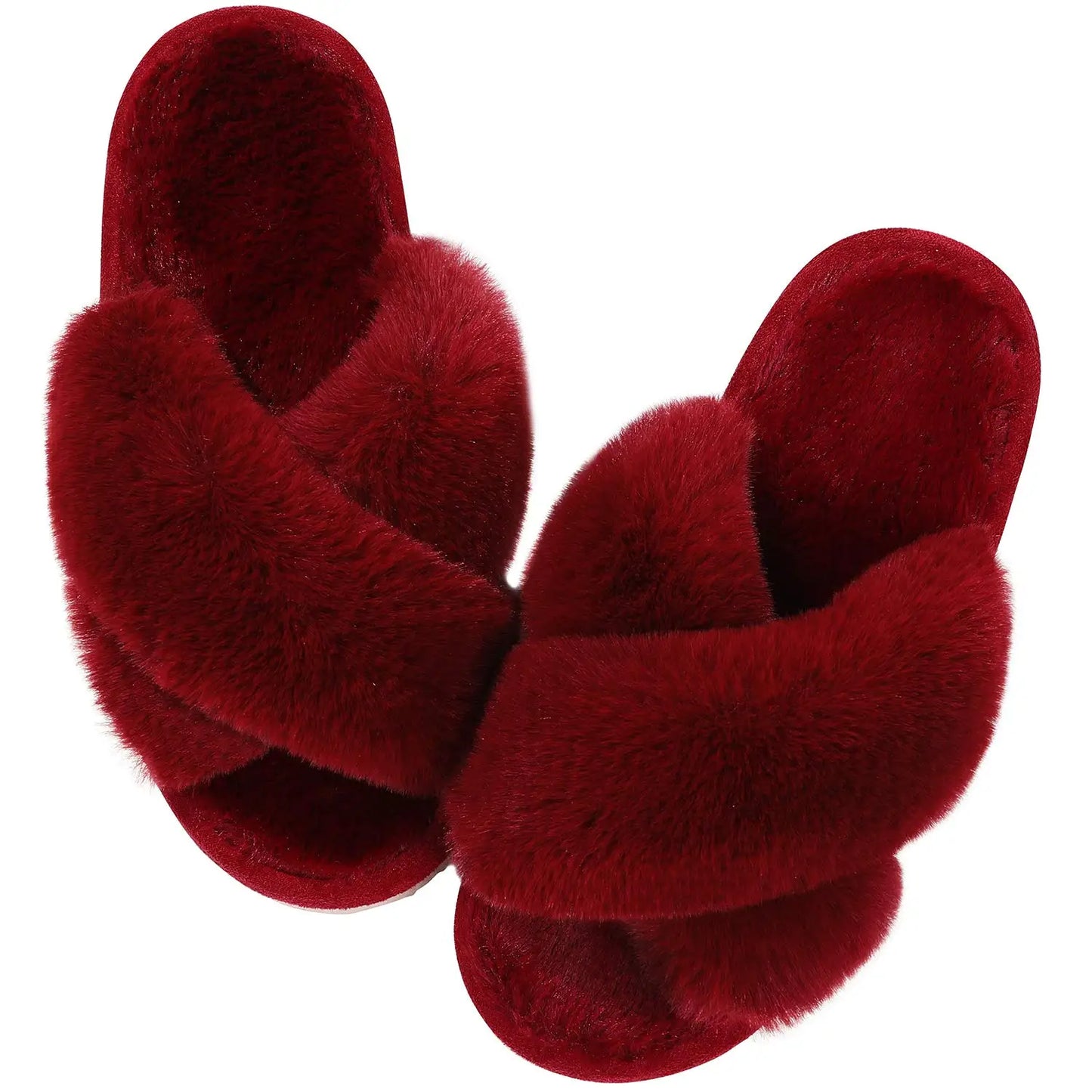 "Comwarm Women's Cross-Band Fuzzy Slippers: Fluffy open-toe house slippers made of cozy plush material. Ideal for indoor and outdoor use as comfortable bedroom shoes or fur sandals."