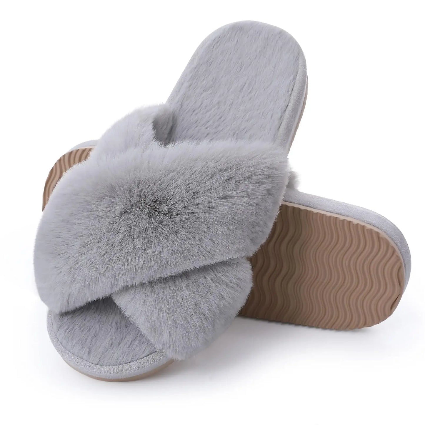 "Comwarm Women's Cross-Band Fuzzy Slippers: Fluffy open-toe house slippers made of cozy plush material. Ideal for indoor and outdoor use as comfortable bedroom shoes or fur sandals."
