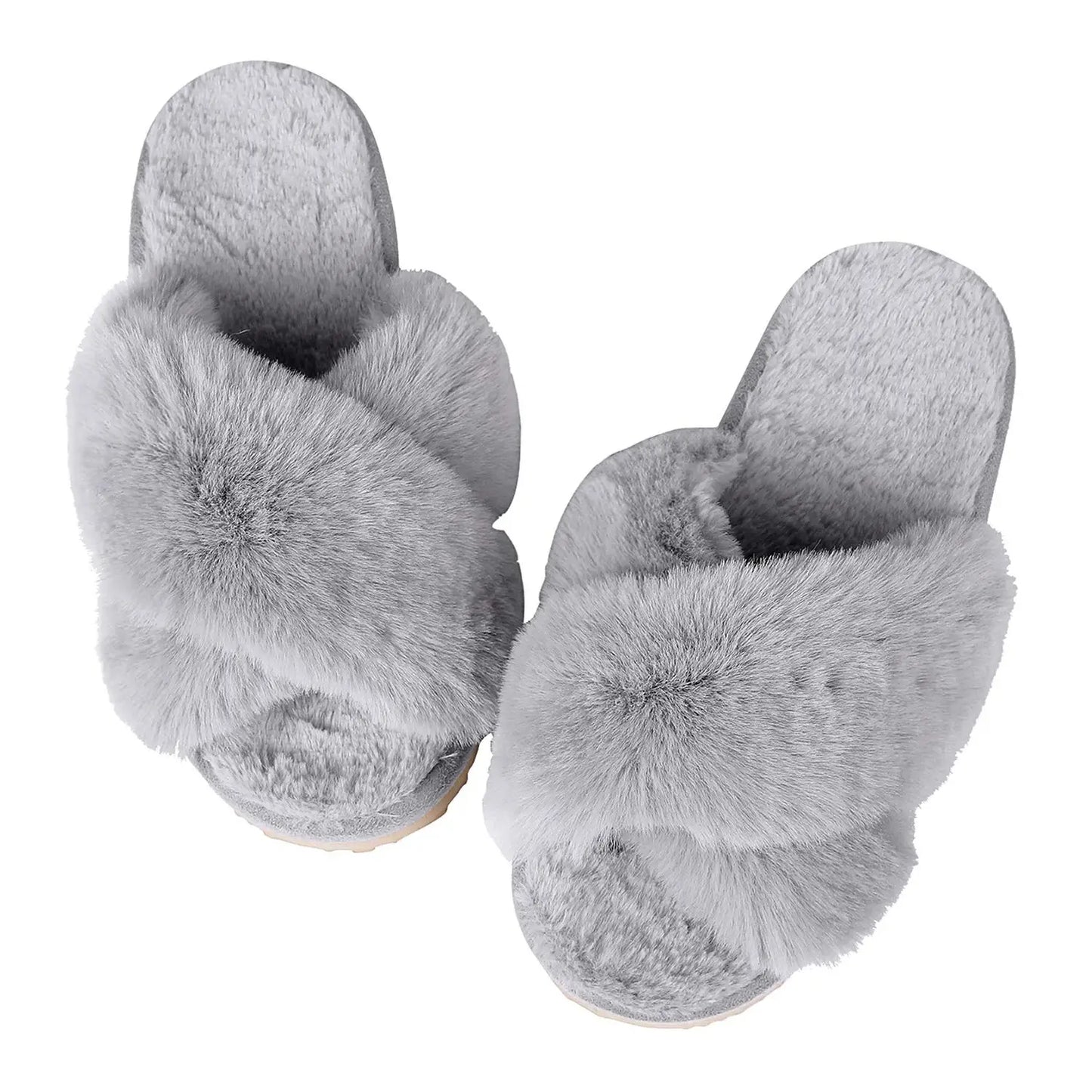 "Comwarm Women's Cross-Band Fuzzy Slippers: Fluffy open-toe house slippers made of cozy plush material. Ideal for indoor and outdoor use as comfortable bedroom shoes or fur sandals."