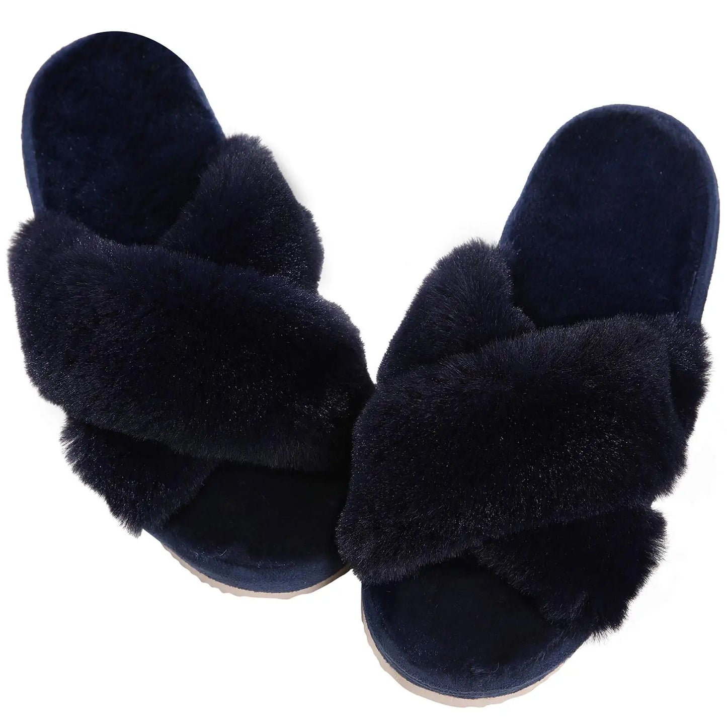 "Comwarm Women's Cross-Band Fuzzy Slippers: Fluffy open-toe house slippers made of cozy plush material. Ideal for indoor and outdoor use as comfortable bedroom shoes or fur sandals."