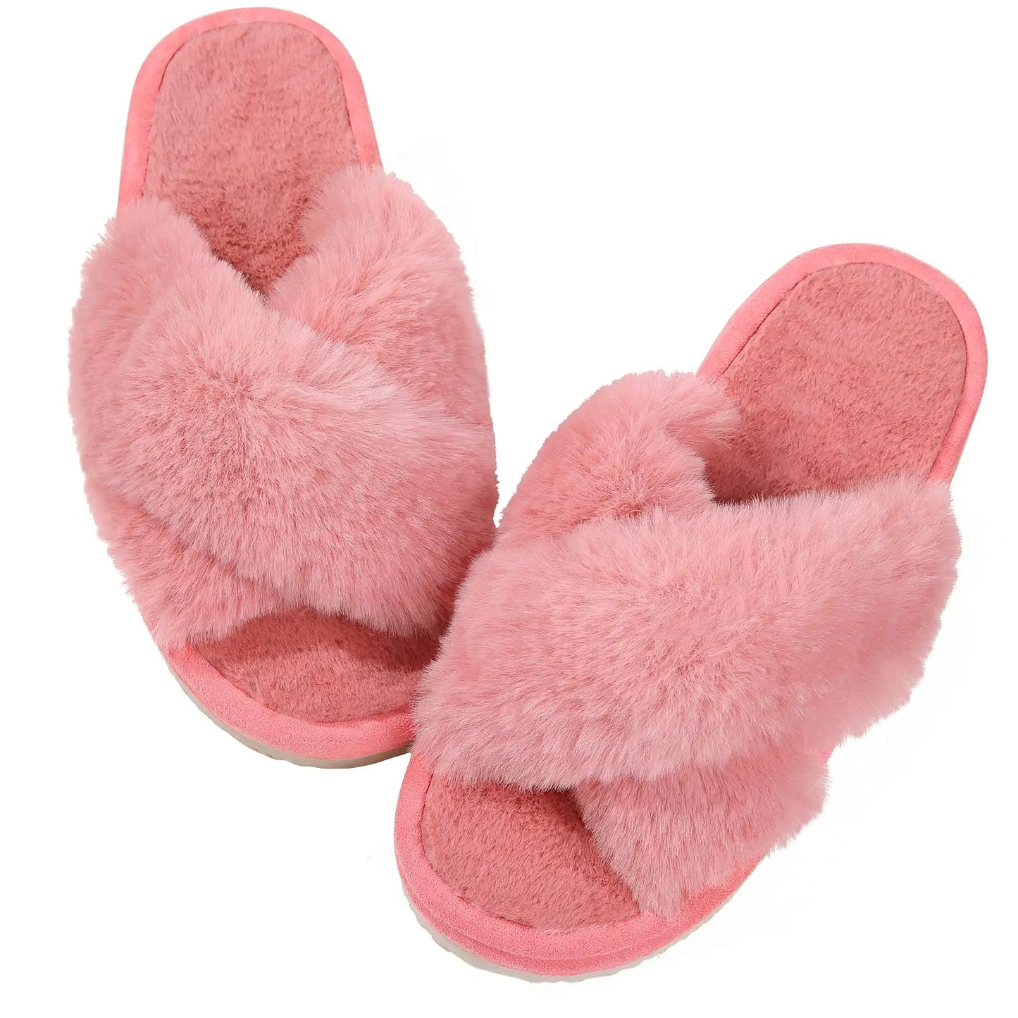 "Comwarm Women's Cross-Band Fuzzy Slippers: Fluffy open-toe house slippers made of cozy plush material. Ideal for indoor and outdoor use as comfortable bedroom shoes or fur sandals."