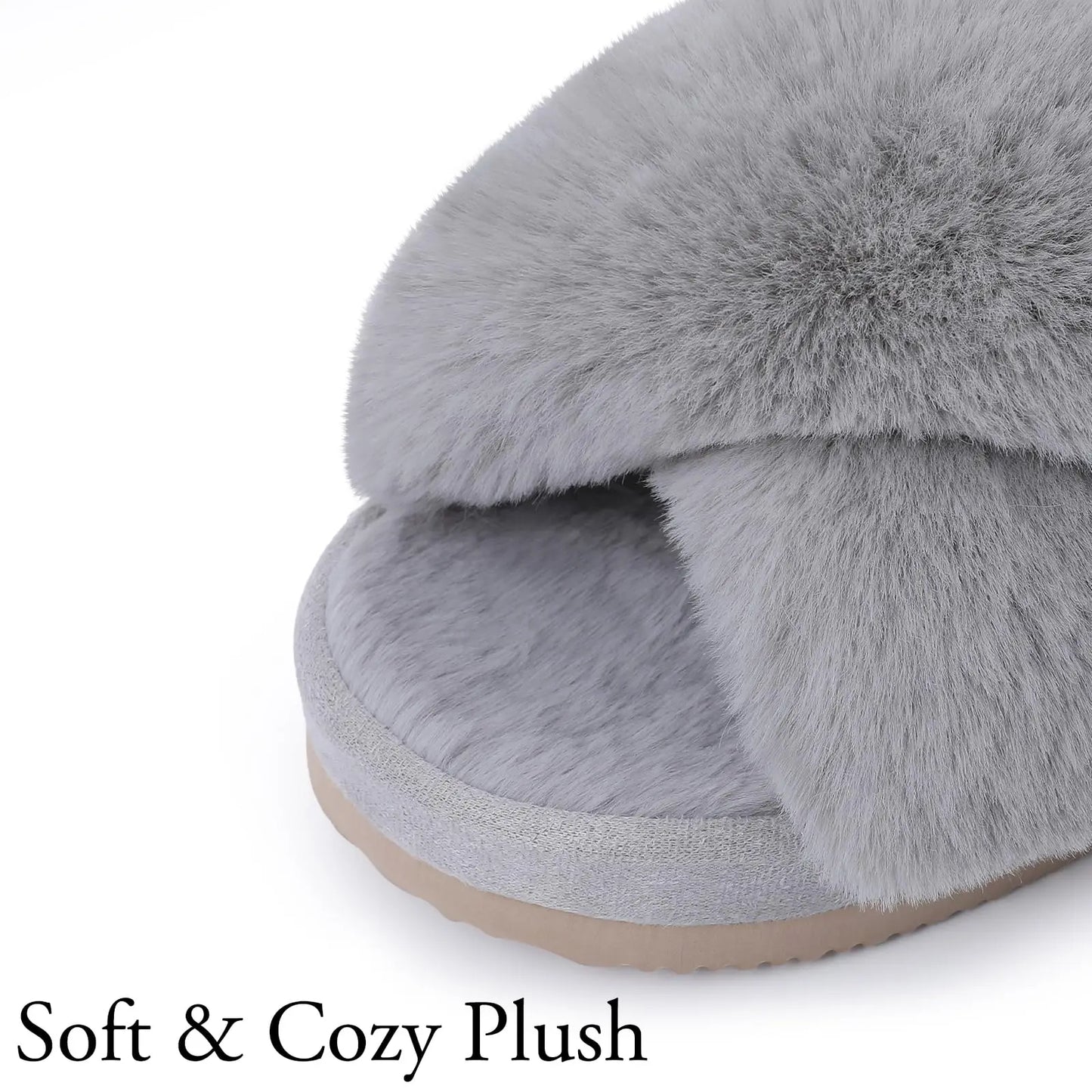 "Comwarm Women's Cross-Band Fuzzy Slippers: Fluffy open-toe house slippers made of cozy plush material. Ideal for indoor and outdoor use as comfortable bedroom shoes or fur sandals."