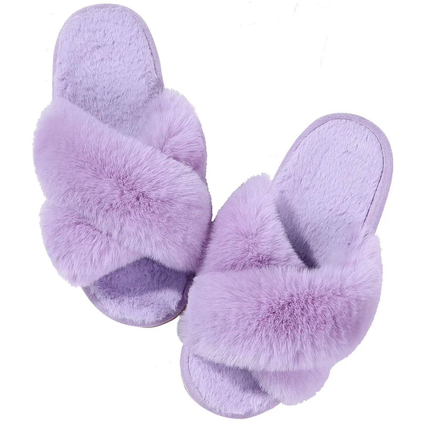 "Comwarm Women's Cross-Band Fuzzy Slippers: Fluffy open-toe house slippers made of cozy plush material. Ideal for indoor and outdoor use as comfortable bedroom shoes or fur sandals."