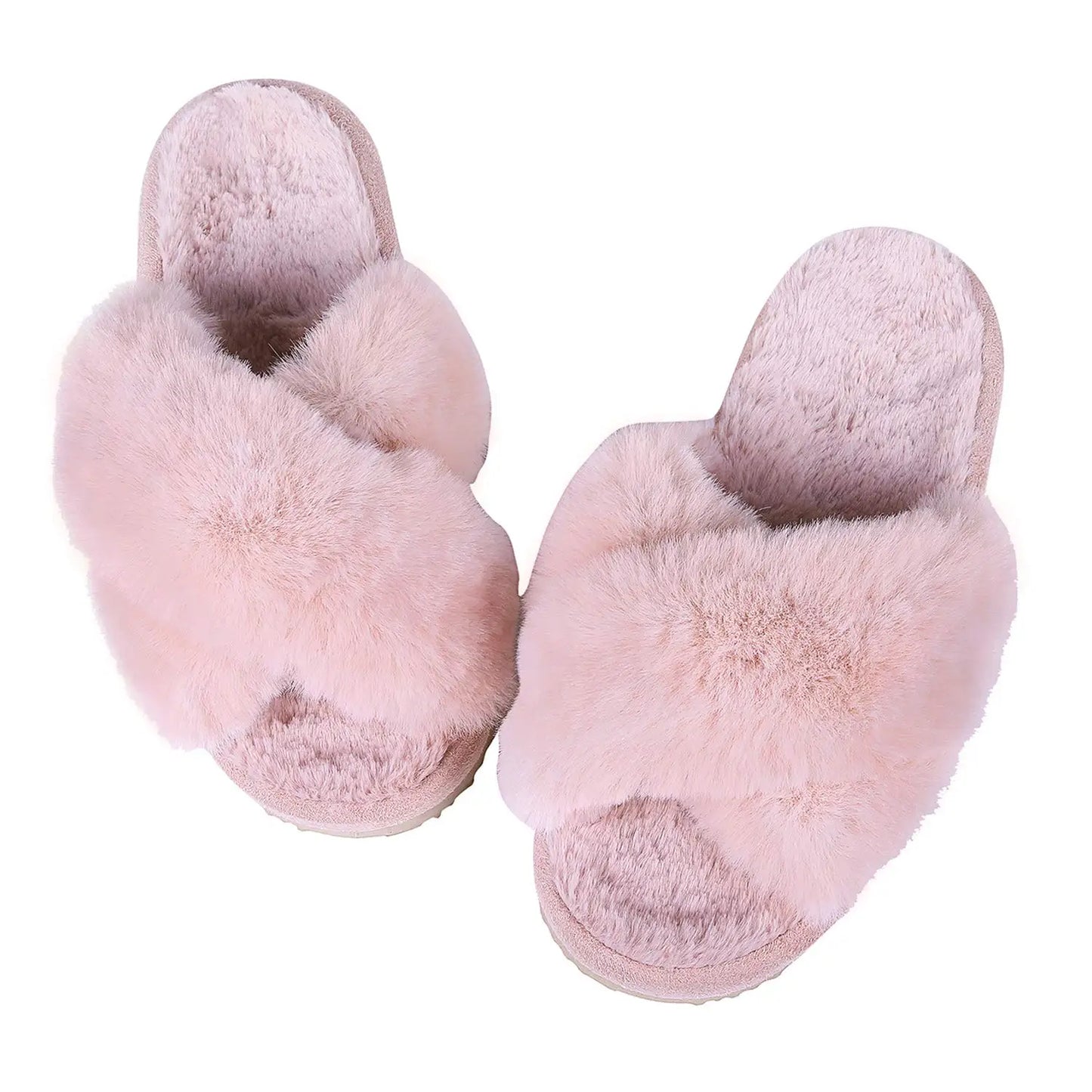 "Comwarm Women's Cross-Band Fuzzy Slippers: Fluffy open-toe house slippers made of cozy plush material. Ideal for indoor and outdoor use as comfortable bedroom shoes or fur sandals."