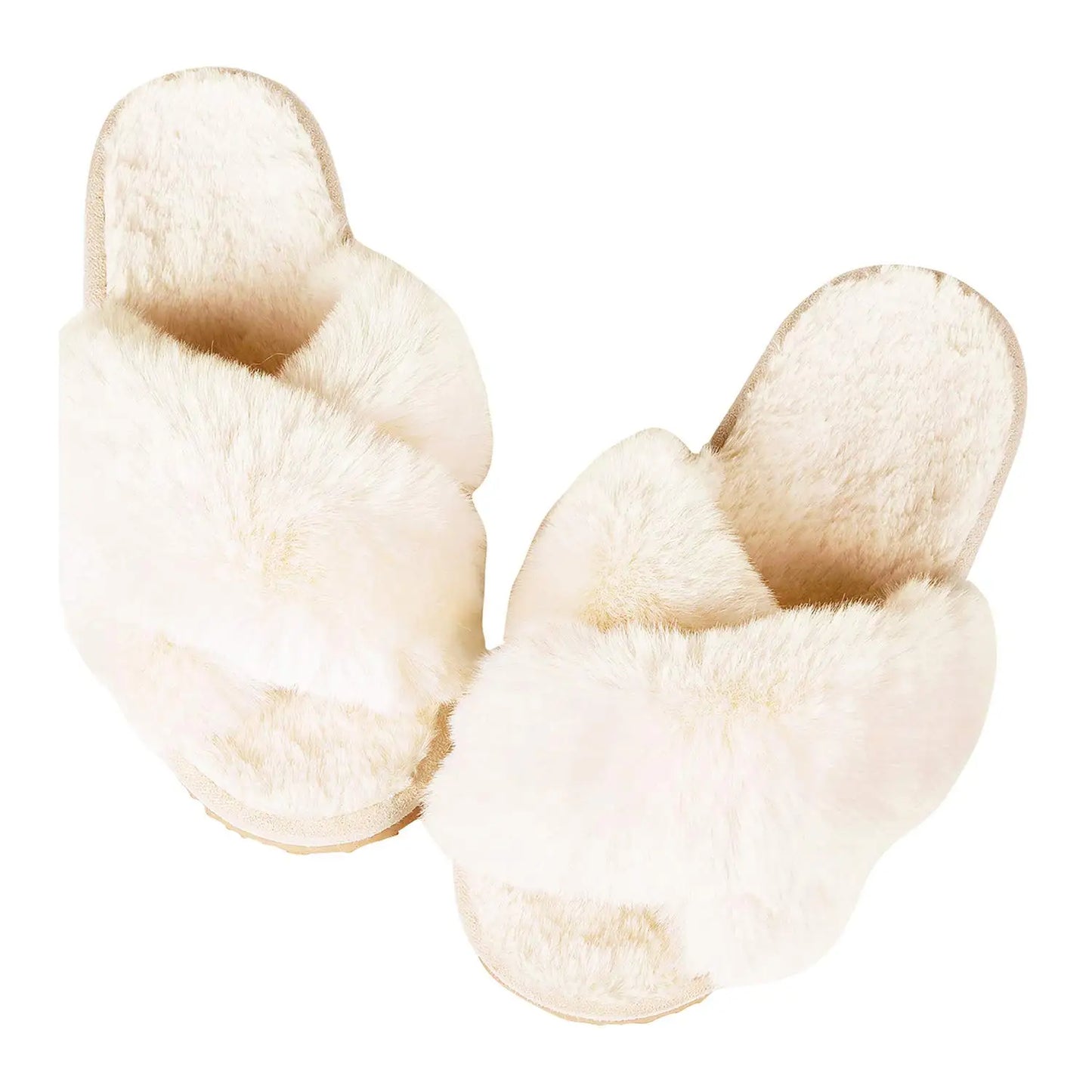 "Comwarm Women's Cross-Band Fuzzy Slippers: Fluffy open-toe house slippers made of cozy plush material. Ideal for indoor and outdoor use as comfortable bedroom shoes or fur sandals."