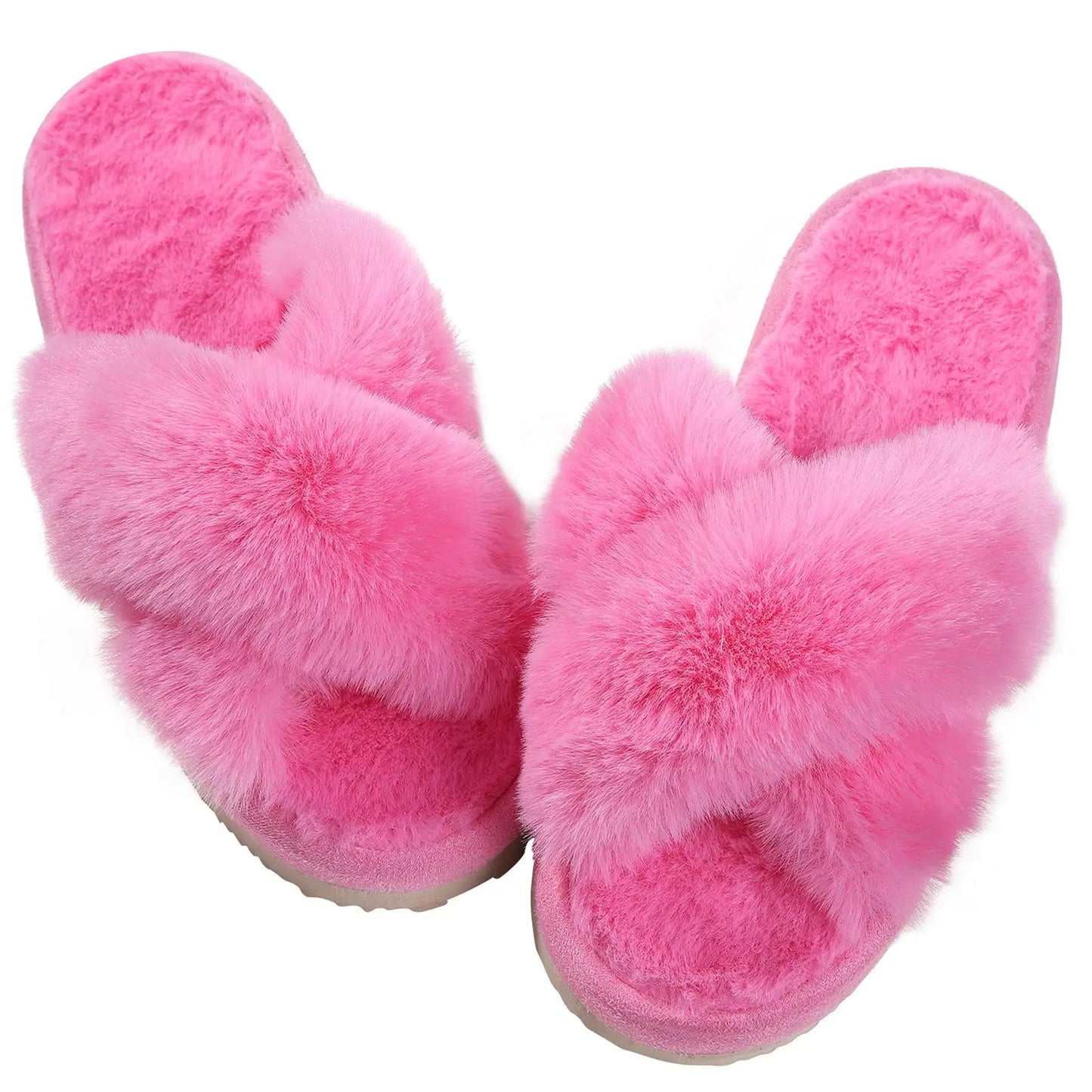 "Comwarm Women's Cross-Band Fuzzy Slippers: Fluffy open-toe house slippers made of cozy plush material. Ideal for indoor and outdoor use as comfortable bedroom shoes or fur sandals."