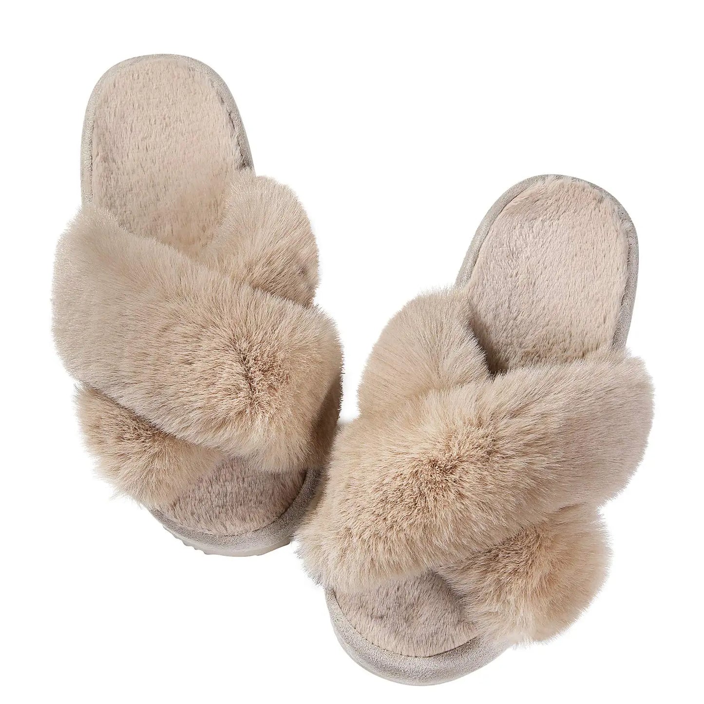 "Comwarm Women's Cross-Band Fuzzy Slippers: Fluffy open-toe house slippers made of cozy plush material. Ideal for indoor and outdoor use as comfortable bedroom shoes or fur sandals."
