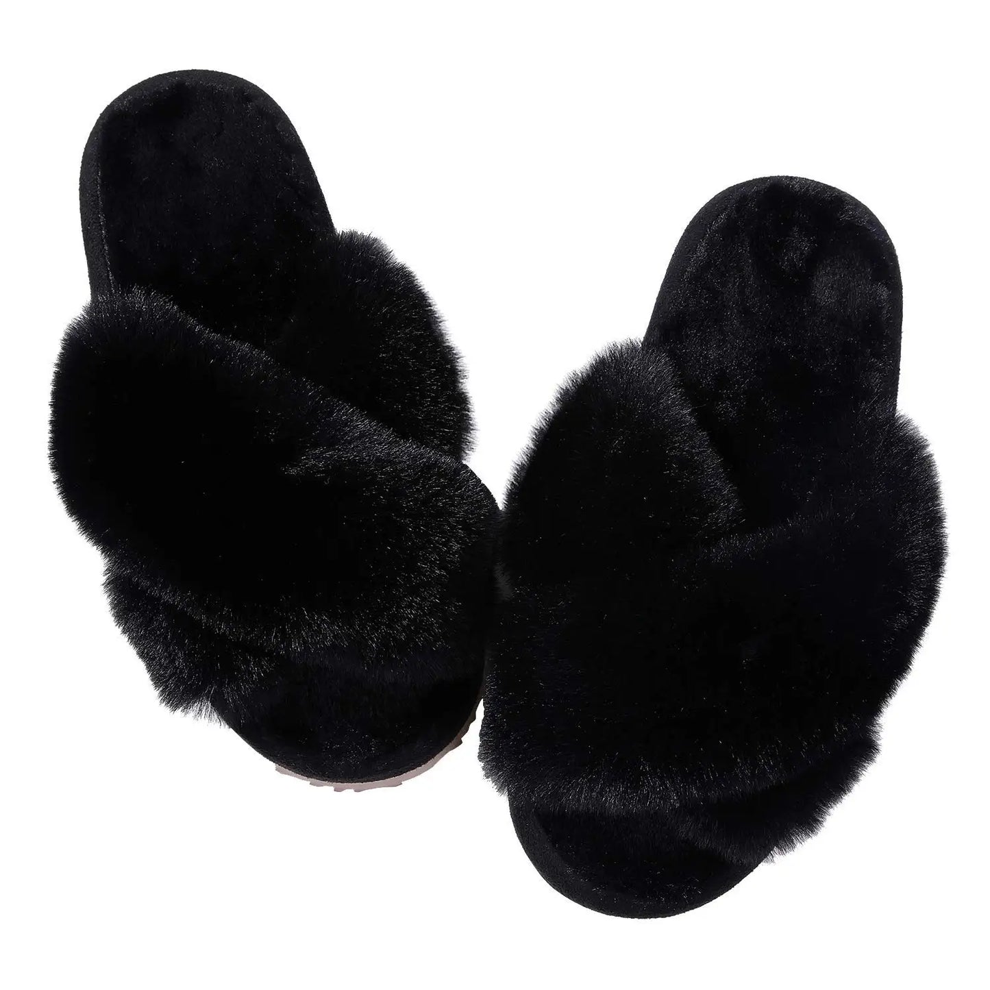 "Comwarm Women's Cross-Band Fuzzy Slippers: Fluffy open-toe house slippers made of cozy plush material. Ideal for indoor and outdoor use as comfortable bedroom shoes or fur sandals."