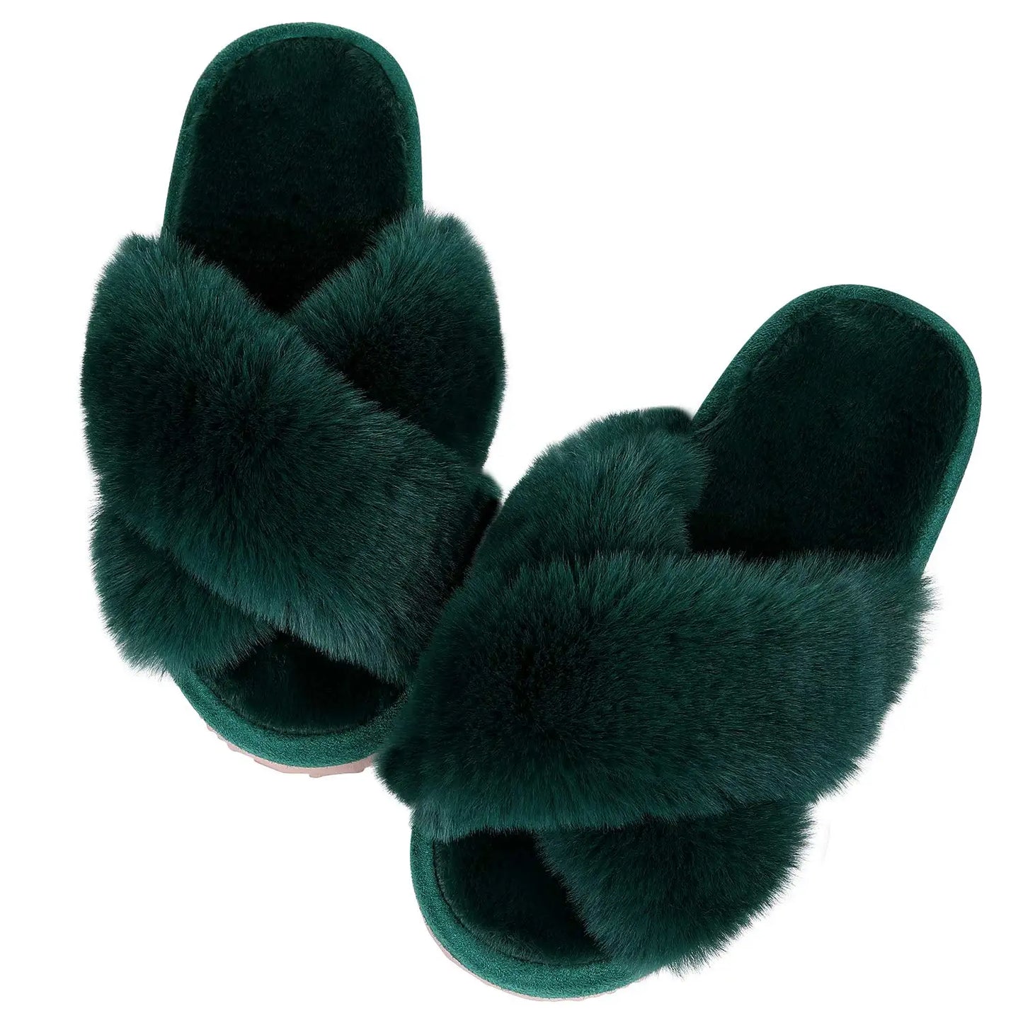 "Comwarm Women's Cross-Band Fuzzy Slippers: Fluffy open-toe house slippers made of cozy plush material. Ideal for indoor and outdoor use as comfortable bedroom shoes or fur sandals."