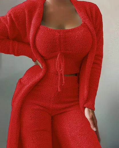 "2022 New Autumn/Winter Women's 3-Piece Velvet Pajama Set: Includes Crop Top, Long Pants, and Coat. Made of warm, soft fleece, perfect for cozy homewear. Available in sizes S-3XL."